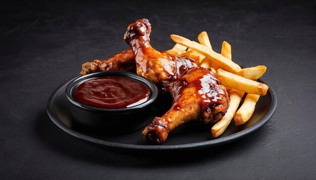 Jambes de poulet frites dans une assiette en céramique noire servies avec de la sauce barbecue dans un pot en verre