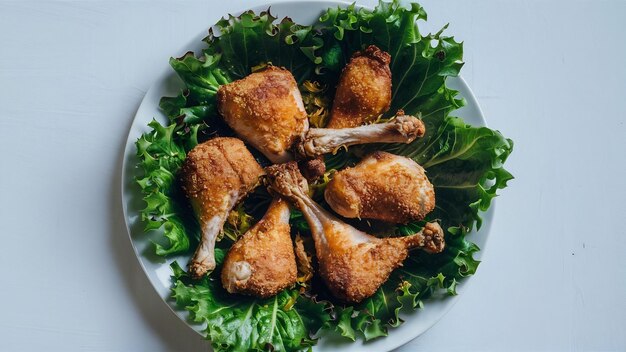 Jambes de poulet non préparées avec de la laitue sur une assiette blanche