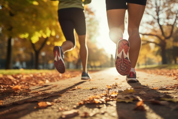 Jambes proches couple pendant l'entraînement de jogging dans un parc de la ville d'automne