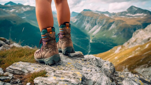 Jambes de randonneuse avec des bottes de trekking et d'escalade modernes sur un rocher dans les montagnes Generative AI