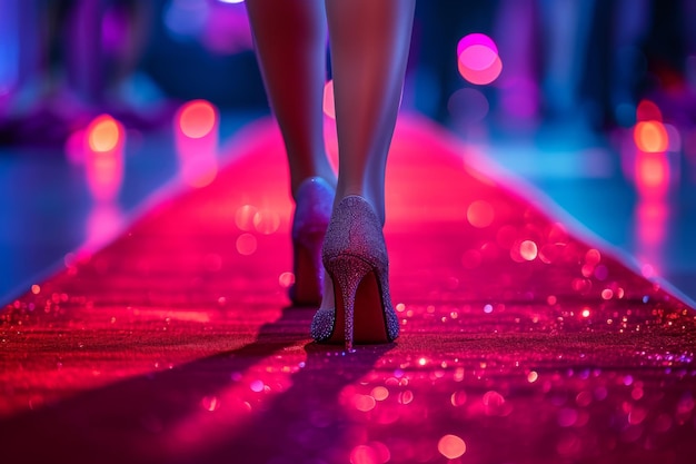 Les jambes en talons hauts élégants sur un tapis rouge