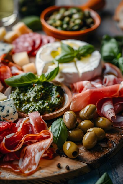 Photo le jambon, les olives, le salami, le fromage bleu, le fuet.