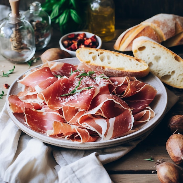 Le jambon de Parme et le pain sur la table blanche