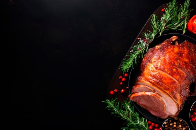 Jambon de porc rôti de Noël traditionnel sur fond noir vue supérieure espace de copie