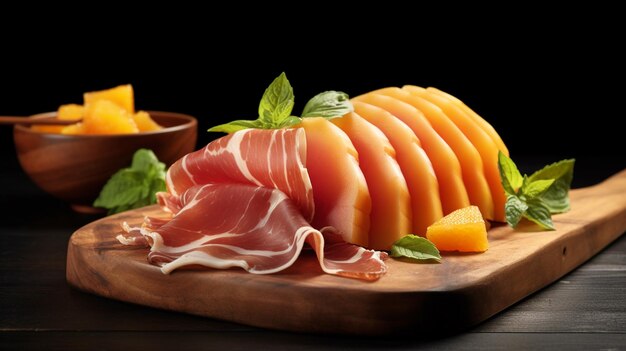 Jambon prosciutto avec tranches de melon cantaloup miel et basilic sur une planche à découper sur fond sombre