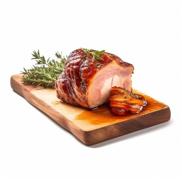 Un jambon en tranches sur une planche à découper en bois avec un brin de romarin dessus.