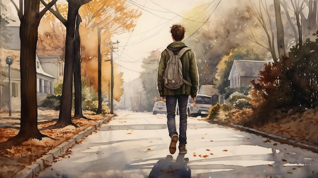 James marchant sur le trottoir Peinture à l'aquarelle