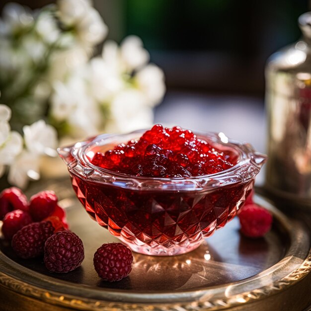 Jamme de framboise et framboises dans un bol de cristal cuisine de campagne et recette anglaise idée de menu blog alimentaire et inspiration de livre de cuisine