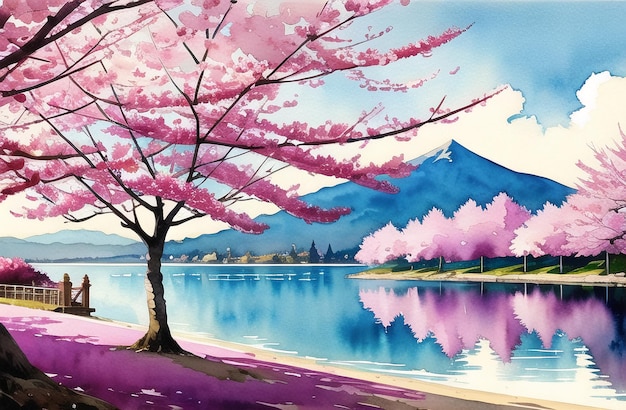 Japan Sakura festival of Cherry tree blossom explosion Paysage généré par l'IA pour l'impression numérique