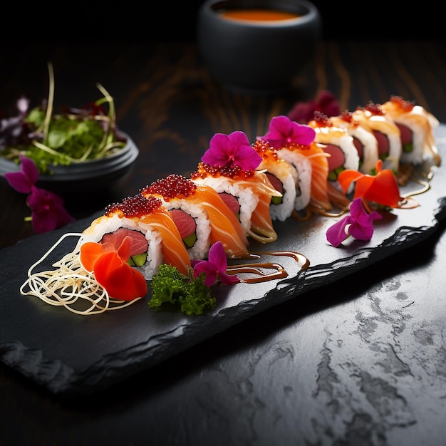 Japanize nourriture poisson sushi saumon riz nourriture moderne caviar fleurs décoration maki