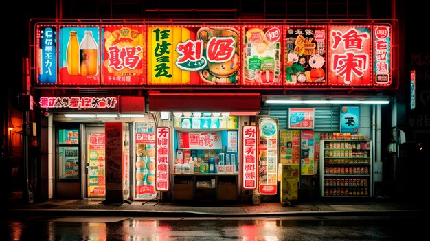Le Japon la nuit avec des panneaux au néon