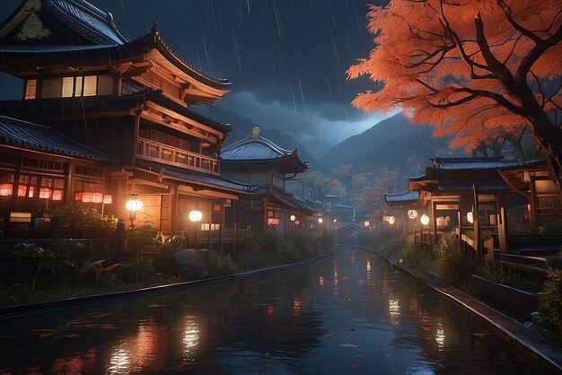 Japon nuit de pluie environnement ancien ligne style d'art feu démons détails complexes déshumanisés