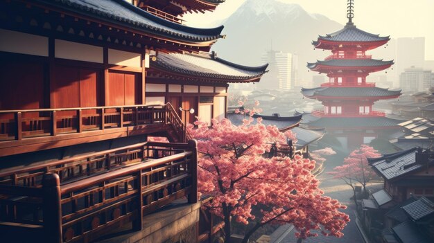 Japon paysage zen vue panoramique photographie Sakura fleurs pagode paix mur de la tour du silence