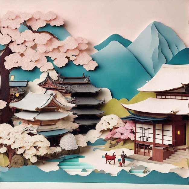 Japon village papier art Générer Ai