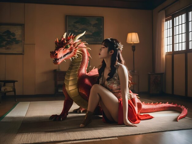 Une Japonaise sexy avec un fond de dragon très cool