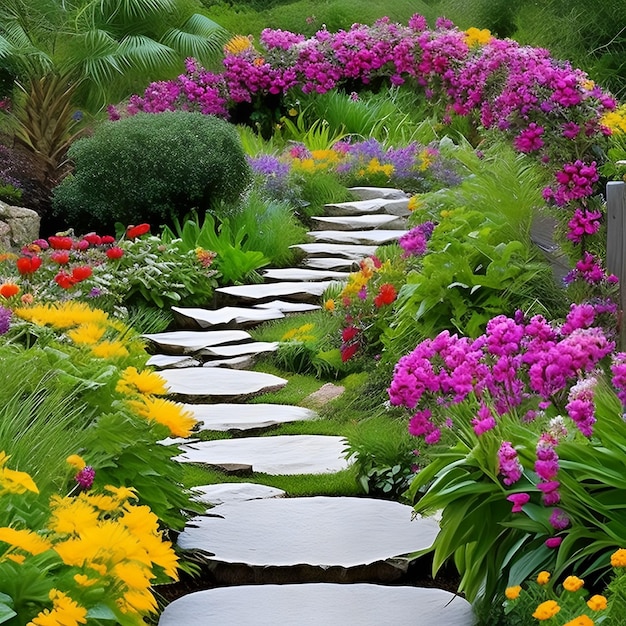 Un jardin avec une allée en pierre menant à un jardin aux fleurs colorées.