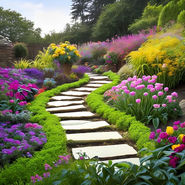 Un jardin avec une allée qui a une allée qui a une variété de fleurs dessus.