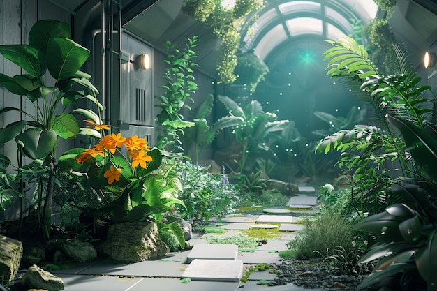 Jardin de biotechnologie avec flore et plantes génétiquement modifiées