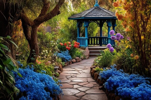 Photo un jardin bleu tranquille avec un chemin de pierre.