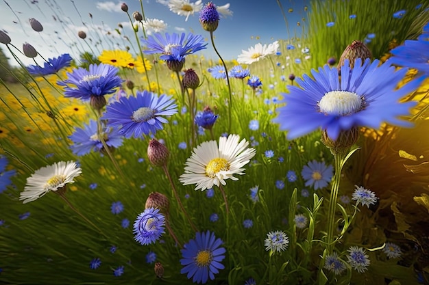 Jardin de bleuet en pleine floraison avec des fleurs de camomille au premier plan