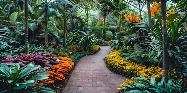 Jardin botanique coloré rempli de plantes variées arbres fleurs créant une oasis luxuriante Concept Jardin Botanique Diversité de plantes Oasis luxuriantes Fleurs colorées paysage d'arbres