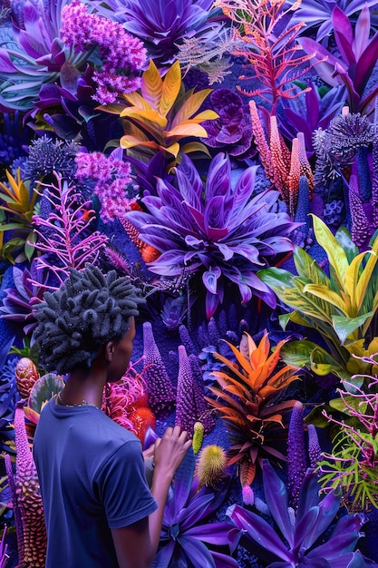 Jardin botanique exotique vibrant avec une variété florale colorée et une personne admirant la beauté de la nature