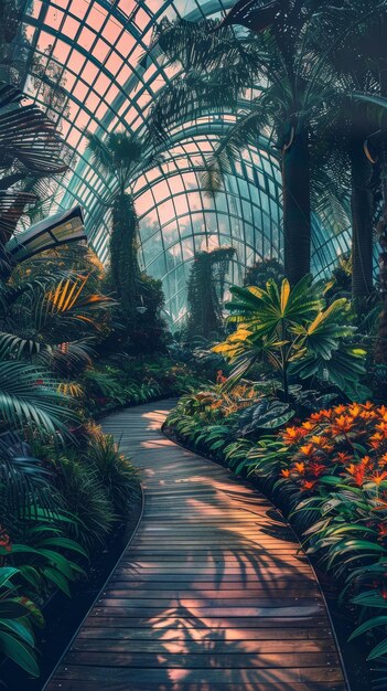 Jardin botanique rétrofuturiste flore extraterrestre dômes de verre spectacles de lumière du soir
