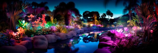 Photo jardin botanique serein la nuit où les plantes et les fleurs bioluminescentes émettent des lueurs douces et apaisantes ia générative