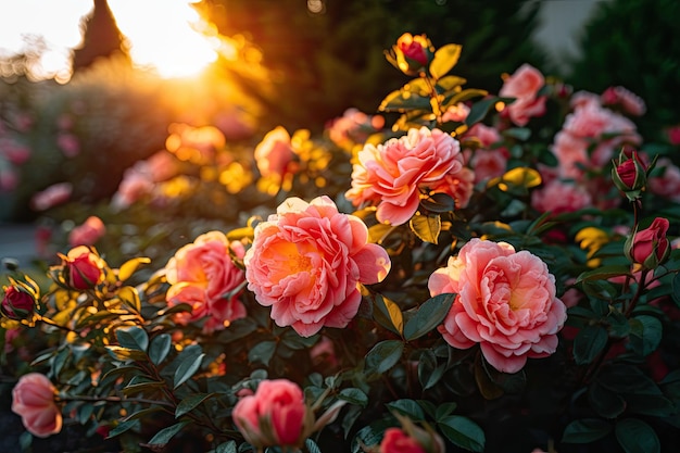 Un jardin avec un buisson de roses en arrière-plan