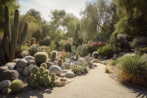 Jardin de cactus avec une variété de cactus et autres plantes du désert