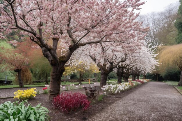 Jardin de cerisiers en fleurs avec des fleurs de différentes tailles et couleurs créées avec une IA générative