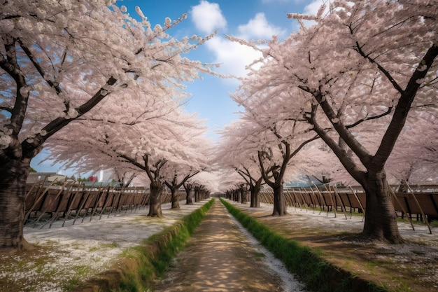Jardin de cerisiers en fleurs avec des rangées de cerisiers en pleine floraison créés avec une IA générative