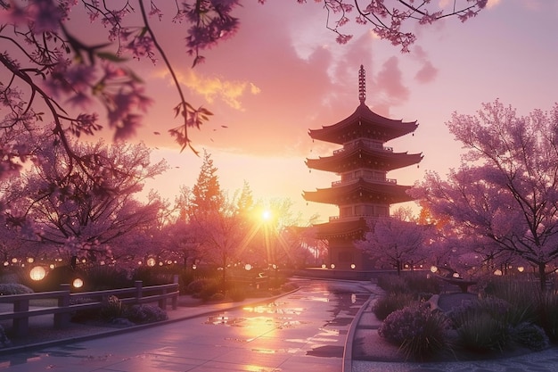 Jardin de cerisiers japonais avec une pagode à su