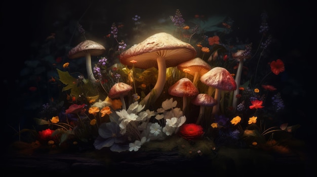 Un jardin de champignons avec un fond fleuri