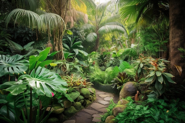 Un jardin avec un chemin qui contient une plante