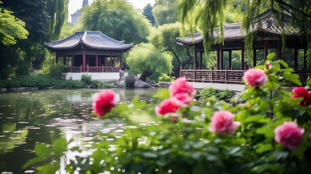 Photo un jardin chinois serein avec des étangs de bambou et des péonies