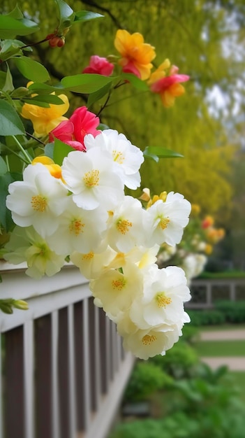 Jardin chinois de Suzhou jaune rouge blanc pétales de fleurs de bégonia détail haute définition plein de fleurs beau fond clôture blanche clairement visible et fenêtres génèrent ai