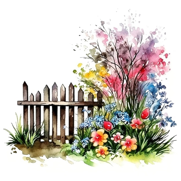 jardin avec clôture illustration à l'aquarelle