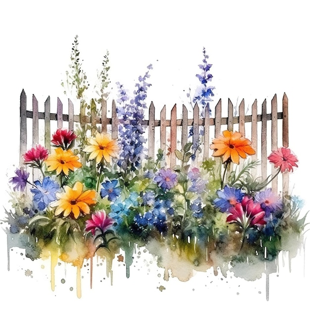 jardin avec clôture illustration à l'aquarelle