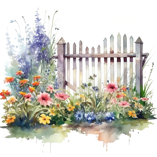 jardin avec clôture illustration à l'aquarelle