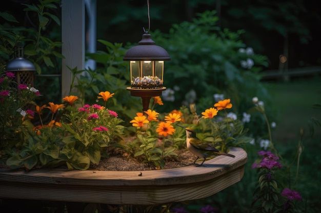 Jardin de colibris avec lumières, fleurs et mangeoires