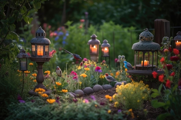 Jardin de colibris avec lumières, fleurs et mangeoires