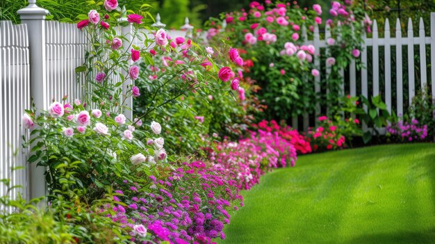 Jardin coloré bordure clôture blanche et roses roses