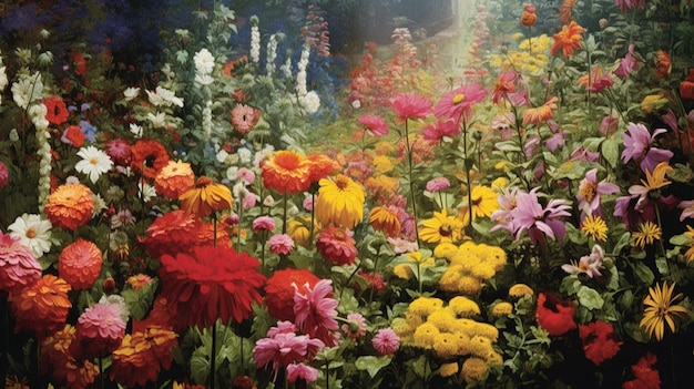 Un jardin coloré débordant de fleurs épanouies