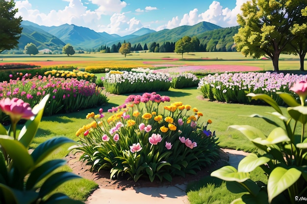 Un jardin coloré avec une montagne en arrière-plan