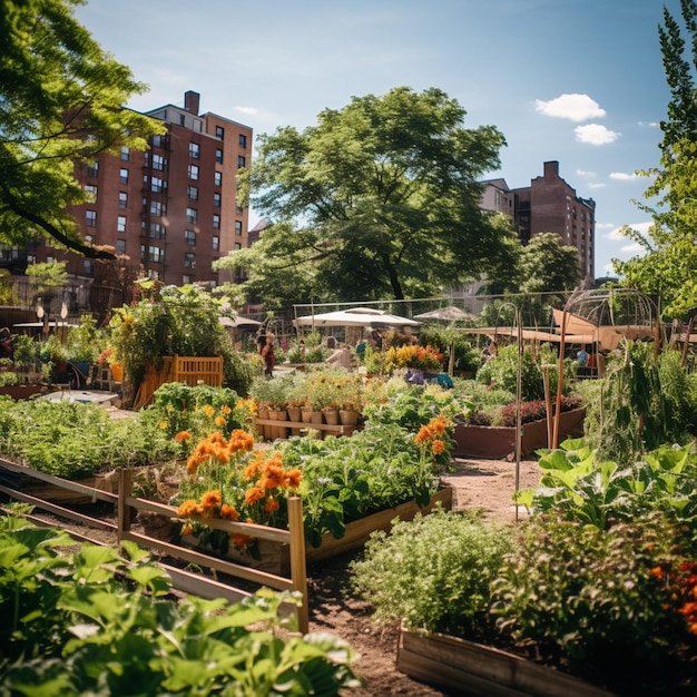 Photo un jardin communautaire au cœur d'une ville animée