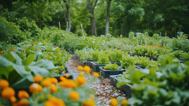 Jardin communautaire collaboratif rempli de plantes, de légumes et de fleurs variées