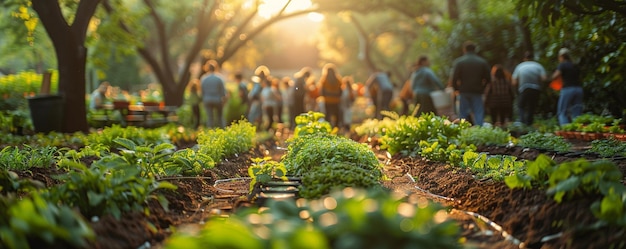 Un jardin communautaire avec des gens qui s'occupent de l'arrière-plan