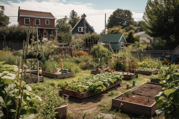 Jardin communautaire avec outils, plantes et fournitures visibles créés avec l'IA générative