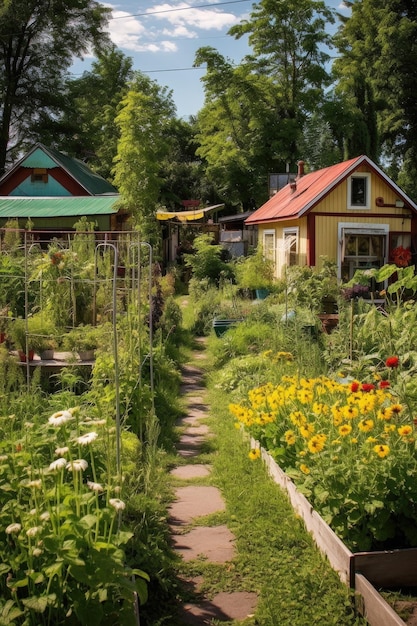 Jardin communautaire avec une variété de plantes créées avec l'IA générative